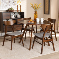 Baxton Studio Danica/Hexa-Smoke/Walnut-5PC Dining Set Timothy Mid-Century Modern Transitional Light Grey Fabric Upholstered and Walnut Brown Finished Wood 5-Piece Dining Set